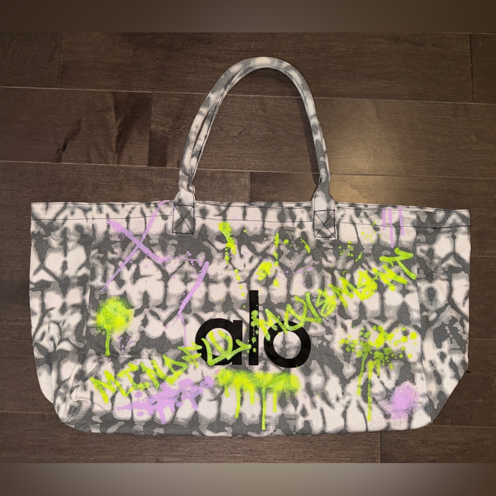 Alo Yoga Grey Tote Bag with Neon Graffiti